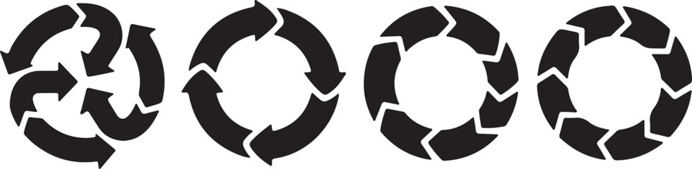 Four black circular arrow icons representing cycles and processes, isolated on white background