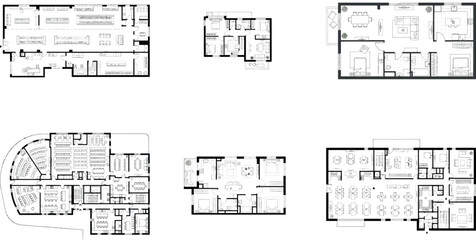 Compilation of six architectural floor plans showcasing different residential building layouts