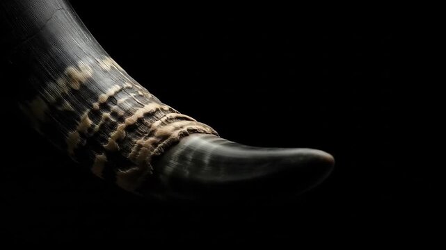 Dark, textured animal horn in sharp focus against black