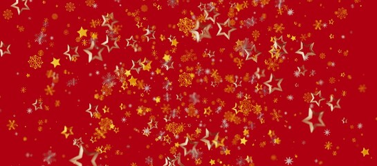Abstract Christmas background featuring a vibrant red backdrop adorned with shimmering gold stars and snowflakes. Perfect for seasonal greetings © vegefox.com