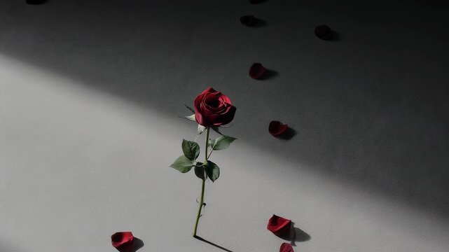 Single red rose on a grey surface with scattered petals under soft, indirect light, creating shadows and highlights