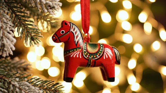 Hanging Red Dala Horse Ornament on Christmas Tree, Bokeh Background