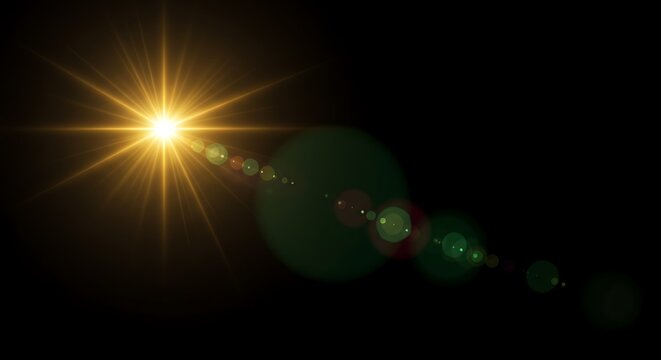 A bright yellow starburst with lens flare and bokeh effects on a black background, representing a powerful light source or cosmic event
