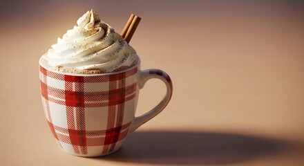 Comforting hot beverage with whipped cream and cinnamon in a red plaid mug against a warm background
