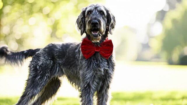Irish Wolfhound Wearing Red Bowtie Standing on Grass in Park
