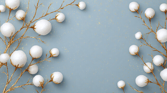Aesthetic display of delicate white spherical ornaments on slender golden branches. The composition creates a harmonious and visually appealing arrangement