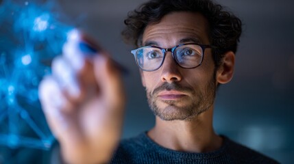 Software engineer developing an interactive artificial intelligence interface, connecting nodes and manipulating data in a virtual environment, illuminated by the glow of the digital display