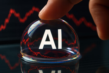Abstract concept artificial intelligence shown as a glass lens with the letters AI held by a against a background fluctuating red graph lines symbolizing data insight and analytic