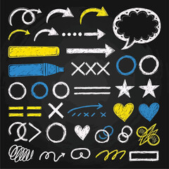 Collection of Chalkboard Doodle Elements Arrows Hearts Stars Circles Shapes and Speech Bubble Hand Drawn Vector Illustration