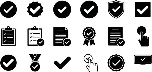 Collection of Check Mark Icons with Various Styles Like Circles, Shields, Checklists, and Ribbons for Verification and Approval Concepts