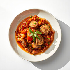 Savory Culinary Delight: A top-down shot unveils a meticulously arranged, appetizing dish, showcasing an artful blend of textures and tastes.