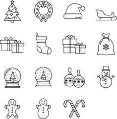 Collection of Christmas Icons Including Tree, Wreath, Santa Hat, Sleigh, Gifts, Stocking, Snow Globe, Ornaments, Snowman, Gingerbread, Candy Cane