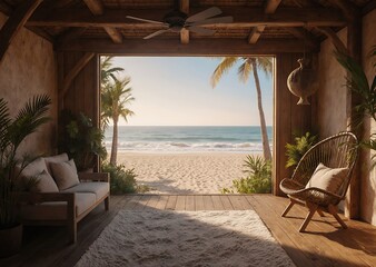 Obraz premium Interior view peaceful beach vacation foliage rug sofa ocean sky palm trees and tranquil door