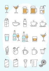 Collection of colorful drink and beverage icons in a clean, modern, and simple illustration style, isolated on white