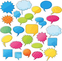 Collection of colorful and varied speech bubbles and thought clouds, communication symbols for design