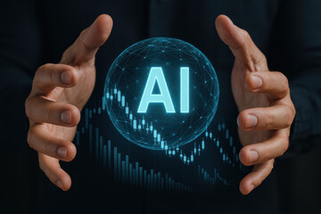 Abstract representation artificial intelligence with a glowing AI sphere held between hands futuristic graph lines data visualization and digital network nodes suggesting growth