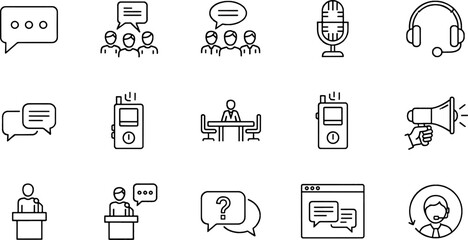 Collection of Communication Icons Featuring Speech Bubbles, Microphones, Headphones, Walkie-Talkies, and Megaphones