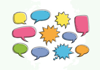 Collection of colorful hand-drawn speech bubbles and thought bubbles with black outline and shadow effect, isolated on white background