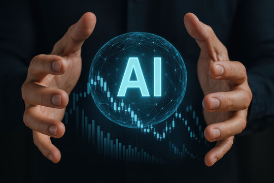 Abstract representation artificial intelligence with a glowing AI sphere held between hands futuristic graph lines data visualization and digital network nodes suggesting growth