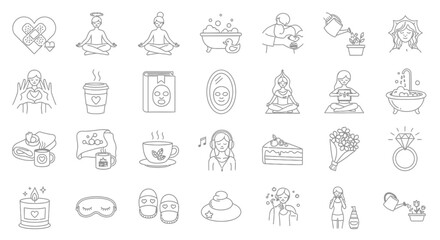 Serene self-care ritual icons featuring relaxation, wellness and personal care elements in