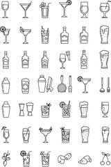 Collection of diverse alcoholic and non-alcoholic beverages and bar accessories, clean line art icons set