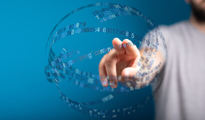 Abstract image of a hand interacting with a digital interface, representing data, the internet, and modern technology. Ideal for conc