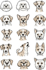 Collection of Diverse Dog Breed Portraits in a Charming Hand-Drawn Style Featuring Various Expressions and Breeds