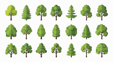 Collection of diverse green trees in a flat design style, isolated on a white background, natural landscape elements