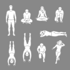 Collection of Diverse Human Poses and Figures, Outline Style, White on Gray Background, Versatile for Design
