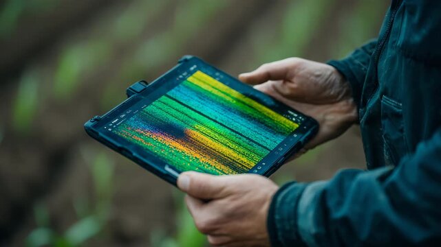 Ultra HD A farmer is using a tablet to monitor the health of his crops, the tablet displays a colorful image of the field, showing the different levels of plant health and stress