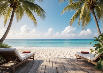 Inviting beach porch paradise with serene ocean waves and palm trees during summer vacation.