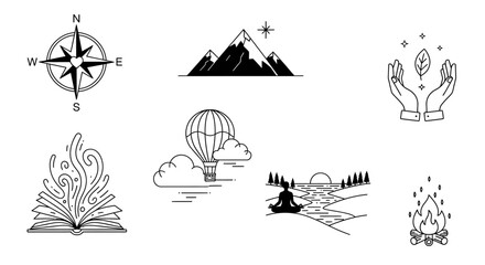 Minimalist graphic illustration featuring nature, travel, and spirituality themes with hand-drawn