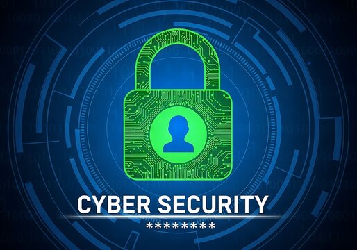 Green digital padlock with a silhouette of a person inside, set against a circular blue technological background with the text cyber security