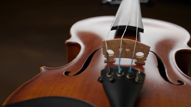 Close-up of a cello's body, strings, and bridge