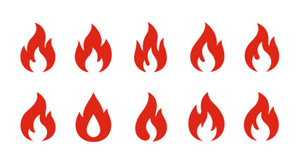 A collection of red fire flame icons in flat vector style. Perfect for warning symbols, energy concepts, hot deals, and user interface design elements.