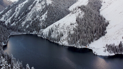 Winter sunrise at Kolsay Lake, Almaty Region, Kazakhstan
