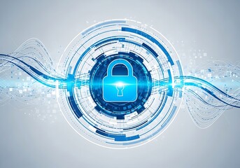 Digital security concept with a glowing blue padlock icon at the center of a futuristic circular interface, symbolizing data protection and cyber safety