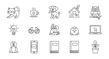 Collection of simplistic outline drawings featuring common objects and animals for educational