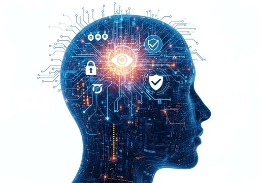 Profile silhouette of a human head filled with glowing blue circuit board patterns and digital icons, symbolizing artificial intelligence and cybersecurity