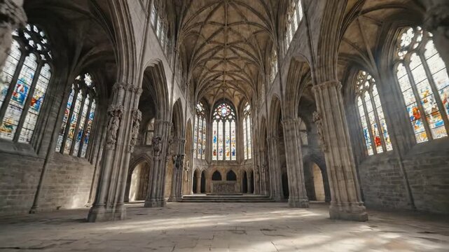 The grand interior of an ancient Gothic cathedral with vaulted ceilings and sunlight streaming through arched windows.