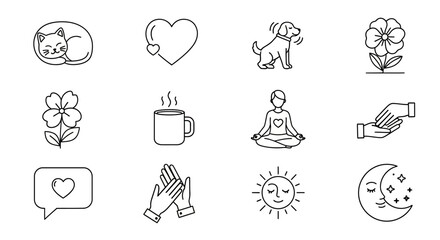 Fototapeta premium Line art icons representing diverse themes: affection, nature, spirituality and everyday objects