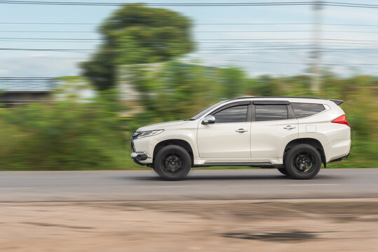 Nakhonsawan, Thailand - Oct, 2025: Mitsubishi Pajero Sport, A white car to speed running on the highway, on October 24, 2025, at Nakhon Sawan, Thailand.