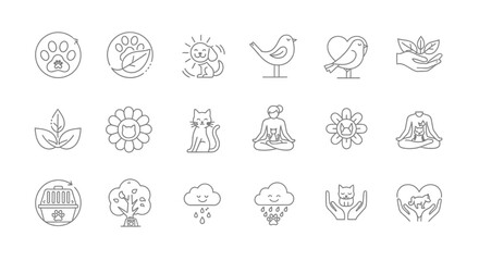 Collection of linear icons, embodying care for animals, plants, and environmental well-being