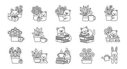 Collection of adorable cartoon animals enjoying plants and books in whimsical style