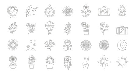 Minimalist outline icons depicting travel, nature and freedom elements in light gray isolated on a