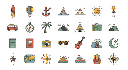 Delightful set of hand-drawn icons representing various travel vacation and adventure themes
