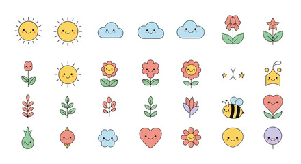 Cute cartoon icons with nature theme, smiling suns, fluffy clouds, floral elements