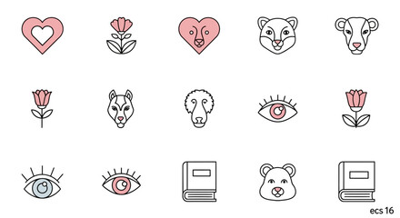Collection of charming outline illustrations featuring animals, hearts, flowers, eyes, and a book