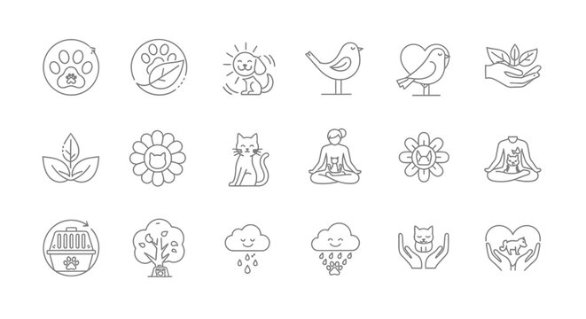 Collection of linear icons, embodying care for animals, plants, and environmental well-being