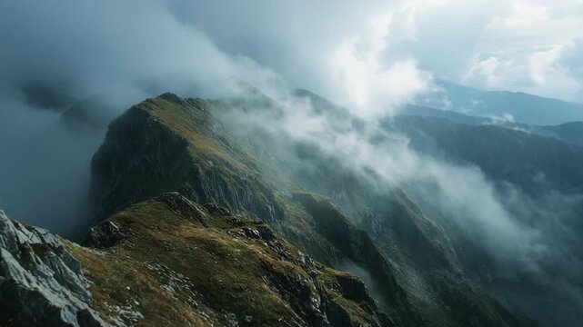 Ultra HD A breathtaking view of the fagaras mountains in romania, with rugged peaks shrouded in mist and clouds, creating a dramatic and atmospheric landscape, showcasing the raw beauty of nature